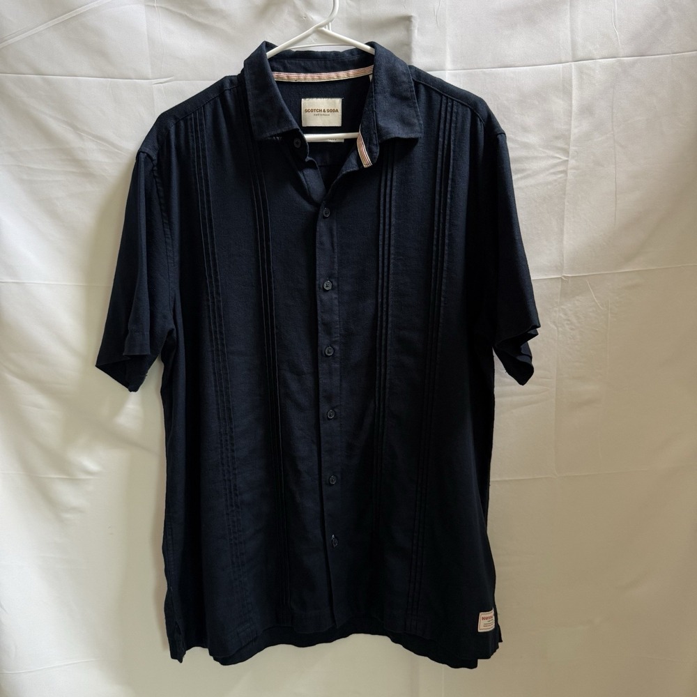 Scotch & Soda Shirt Mens Large Blue‎ Linen Blend Button Up Short Sleeve Pleated